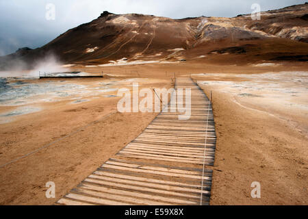 Sentier de la promenade à Namafjall Hverir - région de Myvatn, centre-nord de l'Islande Banque D'Images