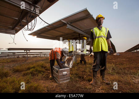 L'installation de panneaux dans l'un des techniciens de l'Afrique de l'est le plus grand district de Rwamagana, fermes, au Rwanda. Banque D'Images