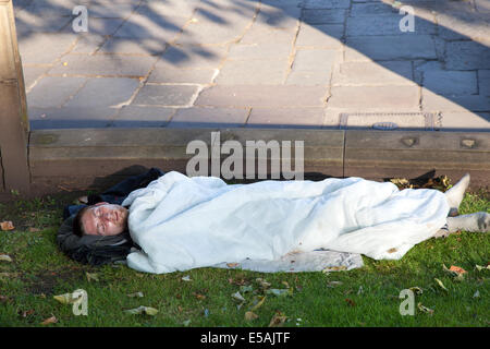 Liverpool, Merseyside, Angleterre le 25 juillet, 2014. Personne sans-abri dormant dehors à St George's Hall park gardens. Banque D'Images