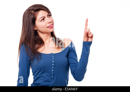 Smiling young woman gesturing l'index Debica, Pologne Banque D'Images