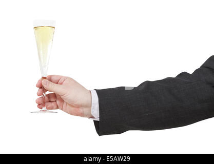 Vue latérale du verre de champagne en main mâle isolé sur fond blanc Banque D'Images