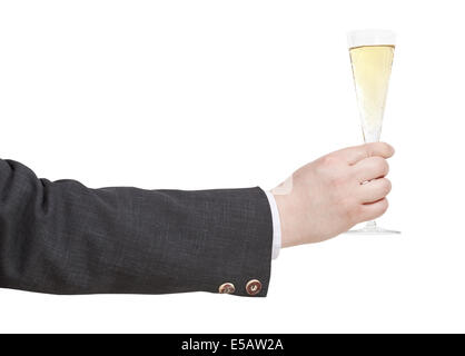 Vue latérale du verre de champagne en main homme isolé sur fond blanc Banque D'Images