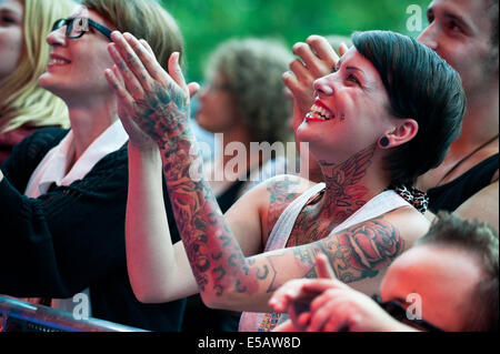 Lšrrach, Allemagne. Le 25 juillet, 2014. Fan de tatouages claps pendant le concert du groupe de rock anglais Babyshambles à Stimmen (Voix) dans Lšrrach music festival, en Allemagne. Photo : Miroslav Dakov/ Alamy Live News Banque D'Images