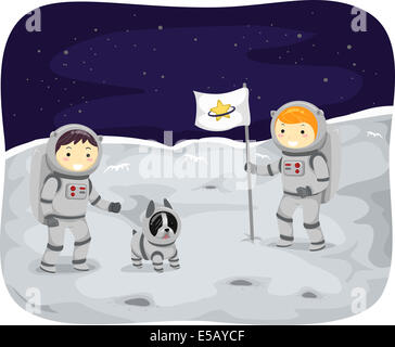 Illustration d'enfants portant des combinaisons spatiales marche sur la Lune Banque D'Images