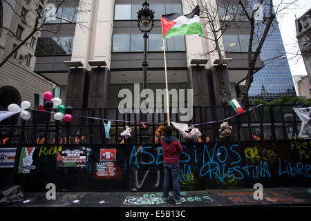 Buenos Aires, Argentine. Le 25 juillet, 2014. Un homme est titulaire d'un drapeau palestinien au cours d'une manifestation pour soutenir le peuple palestinien en face de l'Ambassade israélienne à Buenos Aires, capitale de l'Argentine, le 25 juillet 2014. Crédit : Martin Zabala/Xinhua/Alamy Live News Banque D'Images