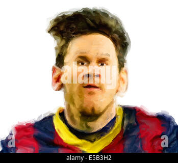 Portrait Caricature de peinture le footballeur Lionel Messi à Barcelone une chemise sur un fond blanc Banque D'Images