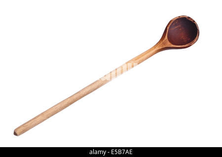 Cuillère de cuisine en bois ancien utilisé isolé Banque D'Images