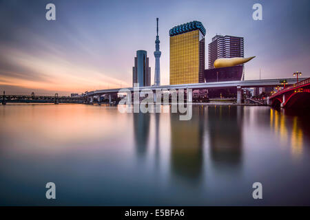 Tokyo, Japon skyline sur la rivière Sumida, à l'aube. Banque D'Images