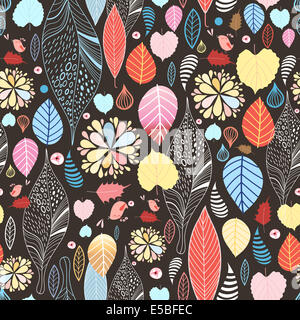 Modèle sans couture d'automne avec les feuilles et les oiseaux colorés sur fond sombre Banque D'Images