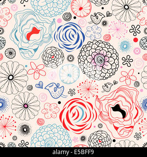 Motif floral graphique homogène avec des oiseaux dans l'amour sur un fond rose vif Banque D'Images