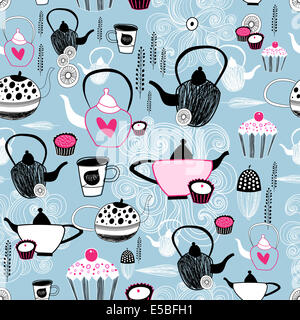 Motif transparent graphiques avec des ustensiles de cuisine et des gâteaux sur un fond bleu Banque D'Images