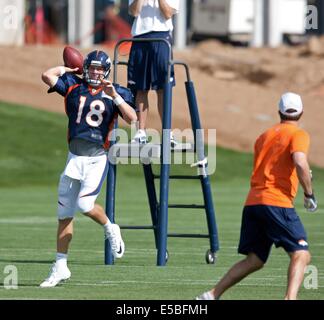 Englewood, Colorado, USA. 26 juillet, 2014. QB07 PAYTON MANNING passe par passes au Camp d'entraînement à Denver Broncos Dove Valley samedi matin. © Hector Acevedo/ZUMA/Alamy Fil Live News Banque D'Images