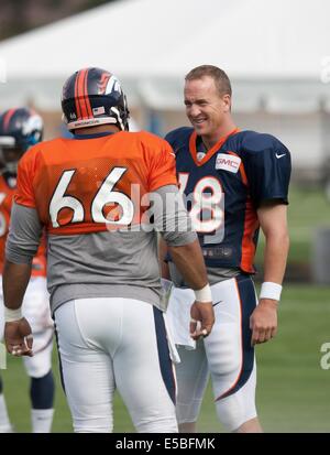 Englewood, Colorado, USA. 26 juillet, 2014. QB07 PAYTON MANNING se prépare pour se réchauffe au cours au camp d'entraînement à Denver Broncos Dove Valley samedi matin. © Hector Acevedo/ZUMA/Alamy Fil Live News Banque D'Images