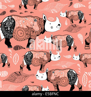 Motif ornemental de rhinos transparente sur un fond rouge Banque D'Images