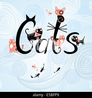 Mot graphique avec drôle de chats Chats sur fond décoratif bleu Banque D'Images
