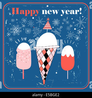 Carte de Noël graphique avec de la crème glacée sur fond bleu avec des flocons Banque D'Images