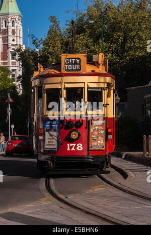 Un tramway de Christchurch à une visite de la ville avant le tremblement de terre 2011 Banque D'Images