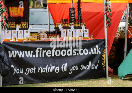 Bushey, Hertfordshire, Royaume-Uni, 27 juillet 2014 - La Fiesta 2014 Chili Hertfordshire Awesome a attiré les visiteurs épris de chili. Sur la photo : Nick 'Woody' le feu de bois de calage des aliments. Crédit : Stephen Chung/Alamy Live News Banque D'Images