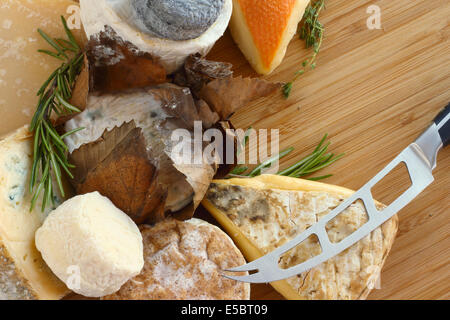 La composition du fromage français sur planche de bois close-up Banque D'Images