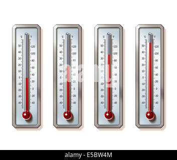 Image d'illustration de thermomètres, montrant l'augmentation des températures sur fond blanc représentant le réchauffement climatique Banque D'Images