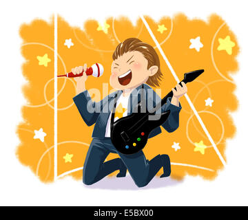 Image d'illustration de garçon avec l'exécution de la musique rock guitare représentant dream Banque D'Images