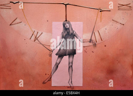 Image d'illustration de femme accroché sur des aiguilles d'horloge représentant la ménopause Banque D'Images