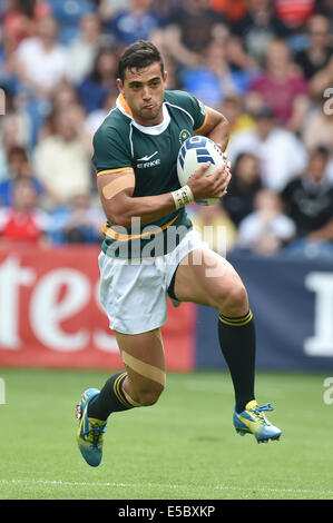 Glasgow, Royaume-Uni. 26 juillet, 2014. Chris Dry de l'Afrique du Sud au cours de la piscine de rugby à 7 match contre Trinité-et-Tobago le jour 3 de la 20e Jeux du Commonwealth à l'Ibrox le 26 juillet 2014 à Glasgow, en Écosse. (Photo de Roger Sedres/Gallo Images/Alamy Live News) Banque D'Images