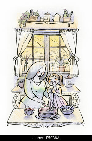 Illustration de mère et fille préparer cake together in kitchen Banque D'Images