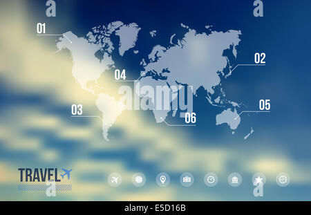 Voyagez en avion infographie, carte du monde et les icônes locations de plus de ciel bleu les effets de flou l'arrière-plan. Fichier vectoriel EPS10 avec transp Banque D'Images