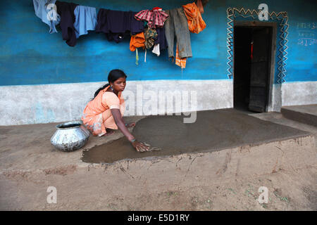 Femme Tribal l'application de la bouse de vache coller ou de fumier dans la cour, tribu Baiga, Karangra Chattisgadh, Village, Inde Banque D'Images