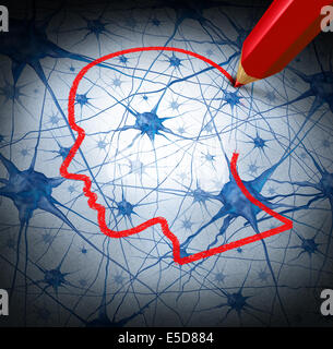 Concept recherche neurologie examinant les neurones d'une tête humaine pour guérir la perte de mémoire ou de cellules en raison de la démence et d'autres maladies neurologiques comme une métaphore de la santé mentale pour la recherche médicale de l'espoir. Banque D'Images