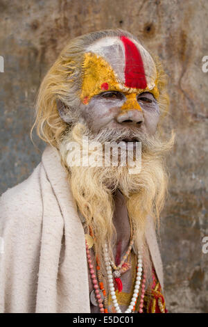 Portrait d'un sadhu hindou (saint homme) au temple hindou de Pashupatinath complexe, près de Katmandou, Népal. Banque D'Images