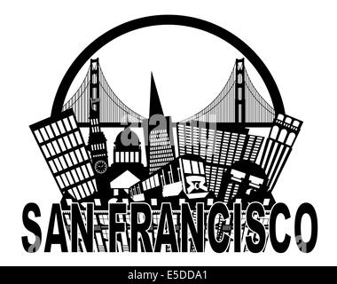 San Francisco Californie noir et blanc abstrait Downtown City Skyline avec Golden Gate Bridge et du téléphérique isolated on White Banque D'Images