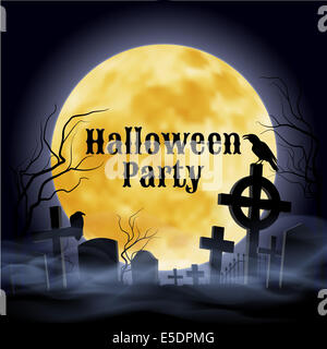 Misty cimetière avec des croix de travers et un mauvais raven sous la pleine lune. Halloween Party poster en style gothique. Banque D'Images