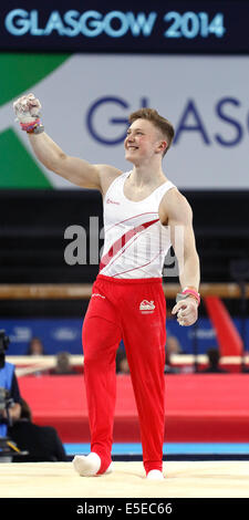 SSE Hydro, Glasgow, Écosse, Royaume-Uni, mardi, 29 juillet 2014. Le Nile Wilson d’Angleterre célèbre lors de la compétition de l’équipe de gymnastique artistique aux Jeux du Commonwealth de 2014 à Glasgow Banque D'Images