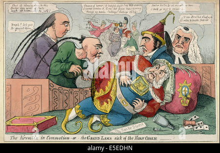 Le Kremlin en tumulte - ou - le Grand Lama malade de la corne de l'acide cholique - Le Roi George IV tombé au sol, il griffes son estomac, près de lui sont "un plan pour le divorce,' un décanteur et tasse, cartes et dés. Dans l'arrière-plan se trouve son ex-épouse Caroline sur le point d'être couronné par la Justice, et entourée de ses fidèles partisans. Caricature politique, vers 1820 Banque D'Images