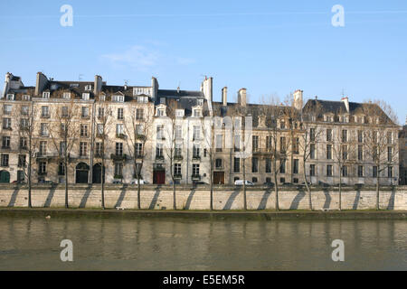 France, paris 4, ile saint louis, quai d'anjou, immeubles, la seine, arbres en randonneur, Banque D'Images