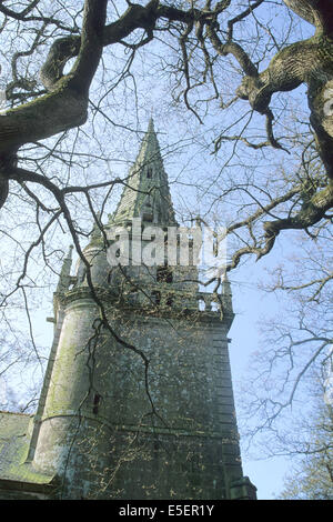 France, Bretagne, côtes d'armure, pays de Guerledan, mur de Bretagne, chapelle sainte suzanne, clocher, arbres en randonneur, Banque D'Images