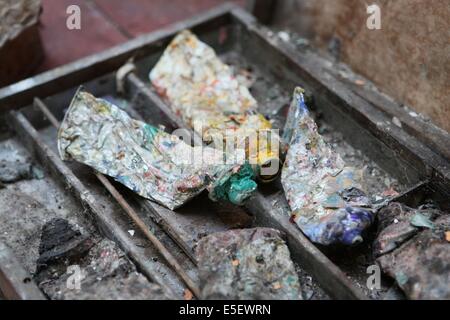 France, Haute-Normandie, eure, vallée de la seine, giverny, ancien hôtel baudy, restaurant, auberge, claude monet, jardin, fleurs, impressionnistes, peinture, atelier de constitution, tubes de couleur, Banque D'Images