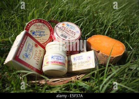 France, Basse Normandie, calvados, parc des marais du cotentin et du bessin, produits de la coopérative laïtie d'isigny, mage, beurre, crème, mimolette, dans l'herbe, saint germain du pert, Banque D'Images