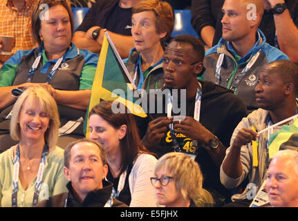 Glasgow, Ecosse. 30 juillet, 2014. Les Jeux du Commonwealth de Glasgow. Usain Bolt assiste au jeu de la Jamaïque Netball Femmes contre la Nouvelle-Zélande. Credit : Action Plus Sport/Alamy Live News Banque D'Images