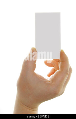 Hand holding blank business card isolé sur fond blanc Banque D'Images