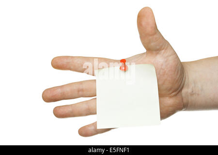 Seul du papier Remarque vierge attaché à une main humaine Banque D'Images