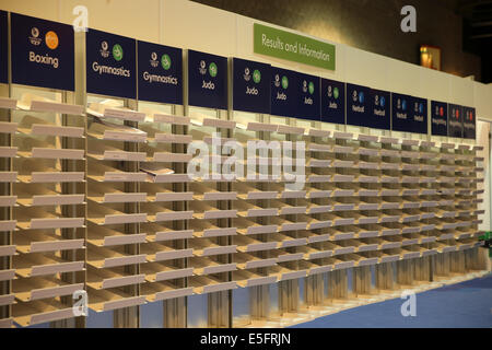 SECC, Glasgow, Ecosse, Royaume-Uni. 30 juillet, 2014. Journée des Jeux du Commonwealth 7. Les résultats et les informations mur dans le Centre Principal de Presse Crédit : ALAN OLIVER/Alamy Live News Banque D'Images