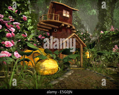 L'infographie 3d d'une maison d'amorçage, qui se dresse dans un jardin avec des citrouilles Banque D'Images