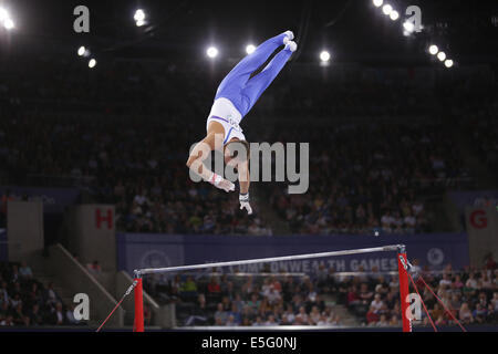 SSE Hydro, Glasgow, Écosse, Royaume-Uni, mercredi 30 juillet 2014. Daniel Keatings d'Écosse le gagnant de la médaille d'argent dans la gymnastique artistique All Round individuelle masculine sur la barre horizontale lors de la compétition aux Jeux du Commonwealth de Glasgow 2014 Banque D'Images