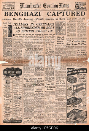 1941 Manchester Evening News front page de capture de rapports de Benghazi, Libye Banque D'Images