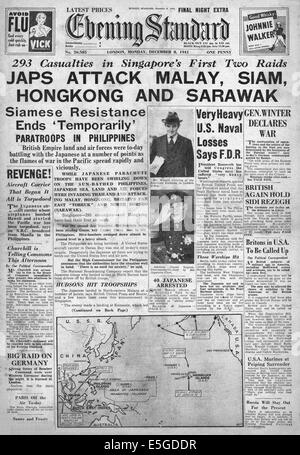 1941 Evening Standard (Londres)/la page déclaration attaque japonaise sur le Siam et la Malaisie, Hong Kong Banque D'Images