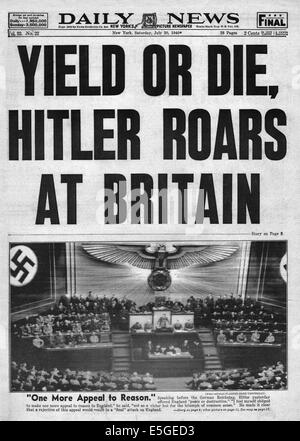 1940 Daily News (New York) 20 juillet 1940 2e édition Adolf Hitler's appeal to Reason discours au Reichstag Banque D'Images