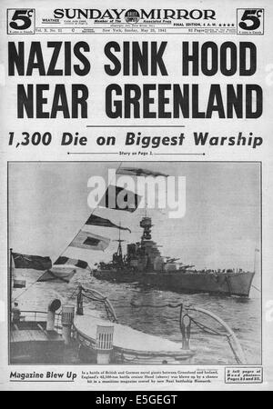 1941 Sunday Mirror (New York) la page déclaration avant le naufrage du cuirassé de la Royal Navy le HMS Hood par le cuirassé allemand Bismarck Banque D'Images